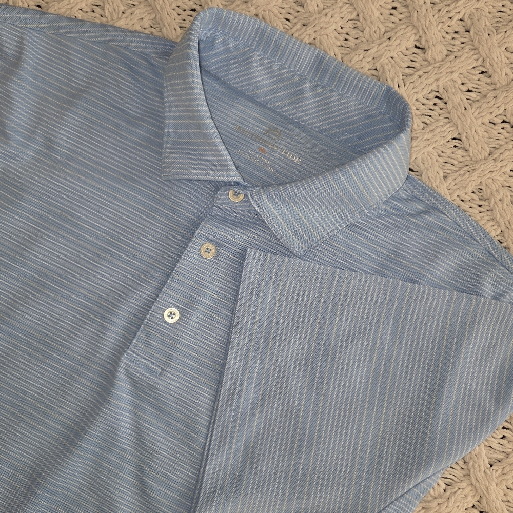 Southern Tide Men's Performance Light Blue Striped Short Sleeve Polo XL